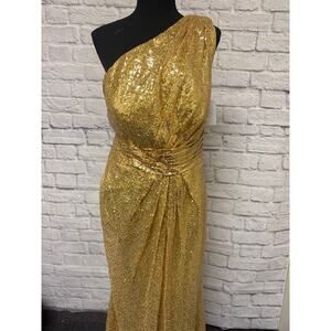 Hebeos One Shoulder Gold Sequin Maxi Dress Thigh Split Evening Prom Gown MED NWT